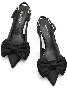 Women’s Black Satin Bow Pointed Toe Pumps Mid Low Pull-on Slingback Heels